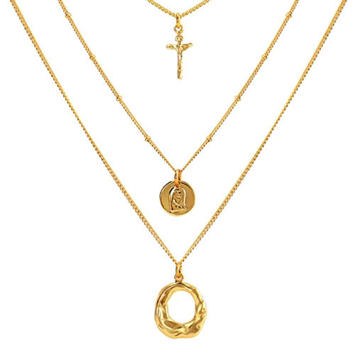 Popular three layered necklace circle round tag pendant jewelry in gold plating  